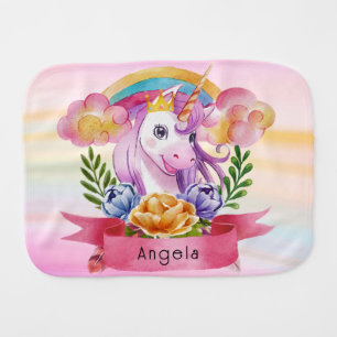 Girls Cute Purple Unicorn Rainbow Custom Name     Baby Burp Cloth