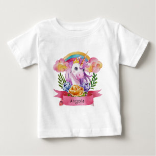 Girls Cute Purple Unicorn Rainbow Custom Name Baby T-Shirt