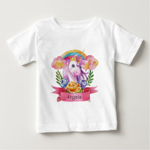 Girls Cute Purple Unicorn Rainbow Custom Name      Baby T-Shirt