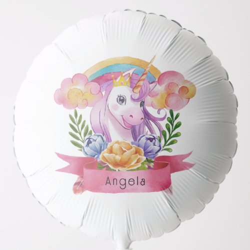 Girls Cute Purple Unicorn Rainbow Custom Name    Balloon