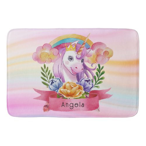 Girls Cute Purple Unicorn Rainbow Custom Name     Bath Mat