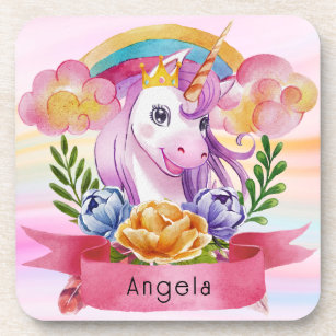 Girls Cute Purple Unicorn Rainbow Custom Name     Beverage Coaster