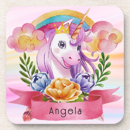 Girls Cute Purple Unicorn Rainbow Custom Name     Beverage Coaster