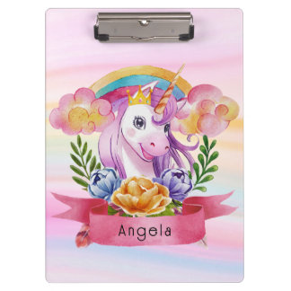 Girls Cute Purple Unicorn Rainbow Custom Name Clipboard
