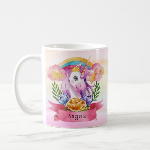 Girls Cute Purple Unicorn Rainbow Custom Name      Coffee Mug