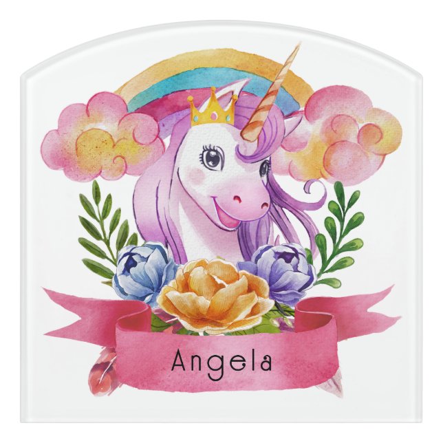 Girls Cute Purple Unicorn Rainbow Custom Name      Door Sign (Contour Front)