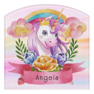 Girls Cute Purple Unicorn Rainbow Custom Name     Door Sign