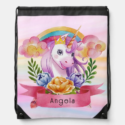 Girls Cute Purple Unicorn Rainbow Custom Name      Drawstring Bag