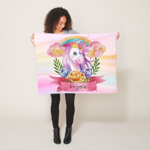 Girls Cute Purple Unicorn Rainbow Custom Name      Fleece Blanket