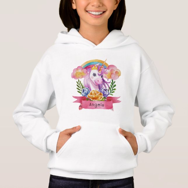 Girls Cute Purple Unicorn Rainbow Custom Name     Hoodie (Front)