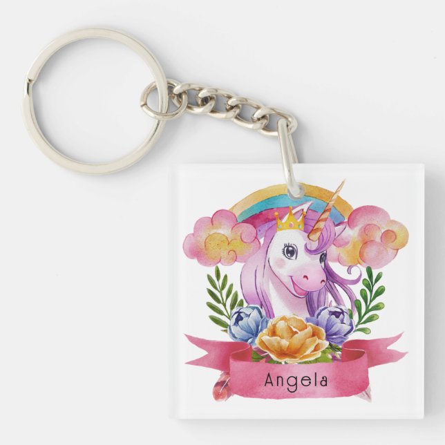 Girls Cute Purple Unicorn Rainbow Custom Name     Keychain (Front)