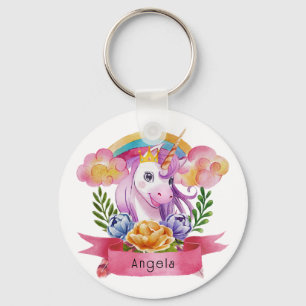 Girls Cute Purple Unicorn Rainbow Custom Name Keychain