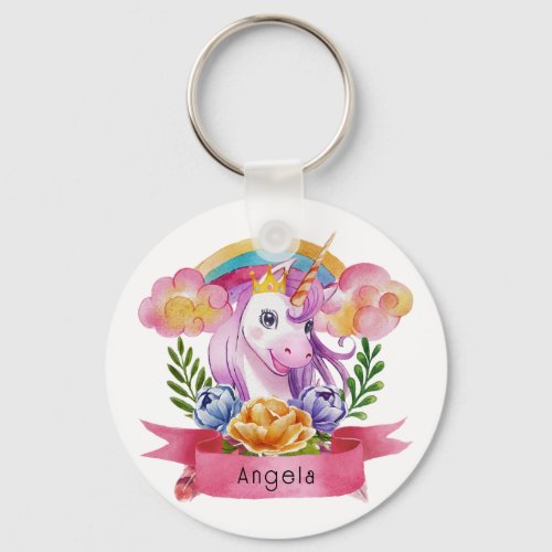 Girls Cute Purple Unicorn Rainbow Custom Name     Keychain
