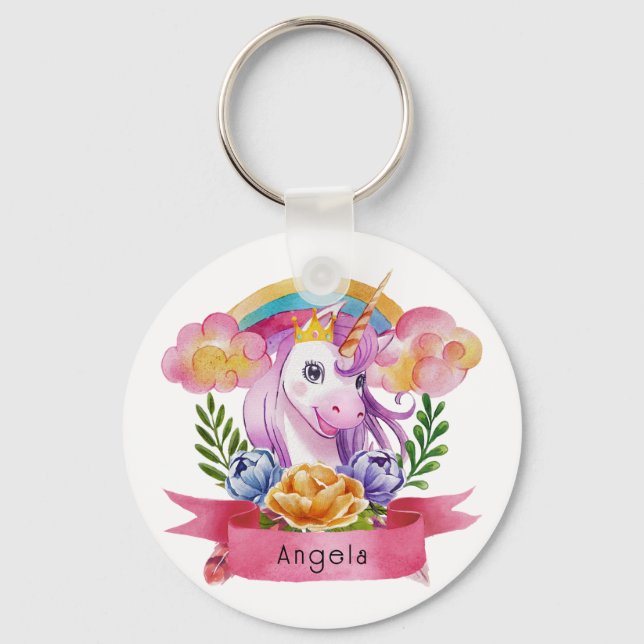 Girls Cute Purple Unicorn Rainbow Custom Name     Keychain (Front)