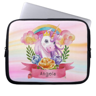 Girls Cute Purple Unicorn Rainbow Custom Name      Laptop Sleeve
