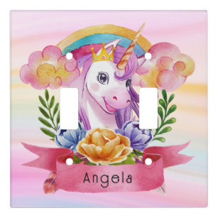 Girls Cute Purple Unicorn Rainbow Custom Name     Light Switch Cover