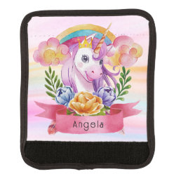 Girls Cute Purple Unicorn Rainbow Custom Name      Luggage Handle Wrap