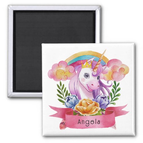 Girls Cute Purple Unicorn Rainbow Custom Name      Magnet