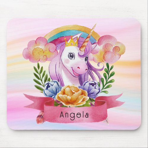 Girls Cute Purple Unicorn Rainbow Custom Name      Mouse Pad