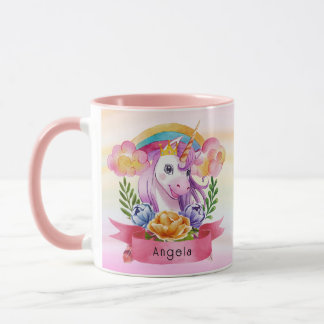 Girls Cute Purple Unicorn Rainbow Custom Name Mug