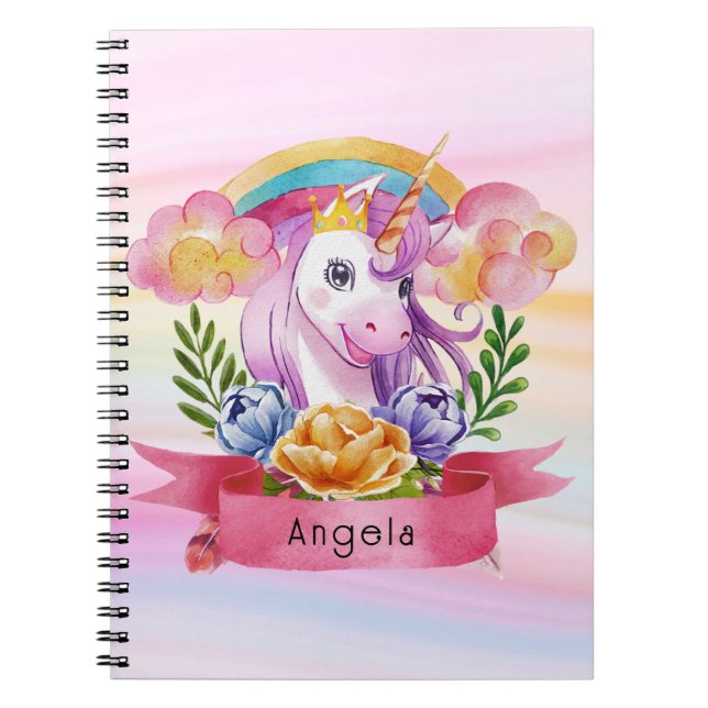 Girls Cute Purple Unicorn Rainbow Custom Name     Notebook (Front)