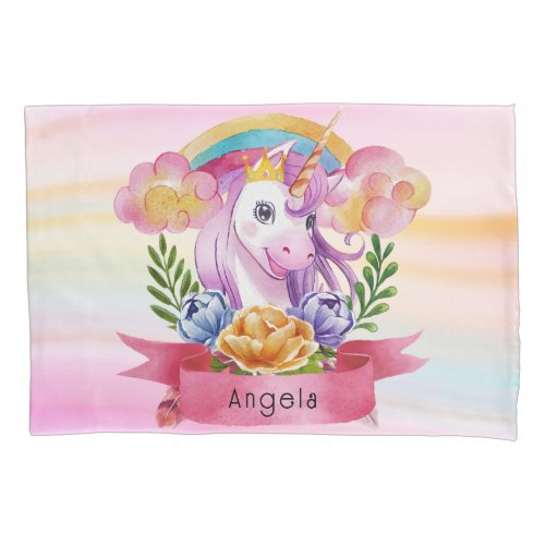 Girls Cute Purple Unicorn Rainbow Custom Name      Pillow Case