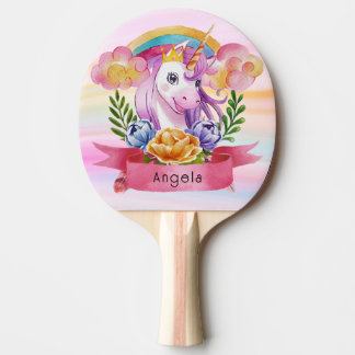 Girls Cute Purple Unicorn Rainbow Custom Name Ping Pong Paddle