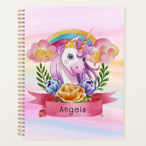Girls Cute Purple Unicorn Rainbow Custom Name     Planner