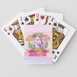 Girls Cute Purple Unicorn Rainbow Custom Name    Playing Cards