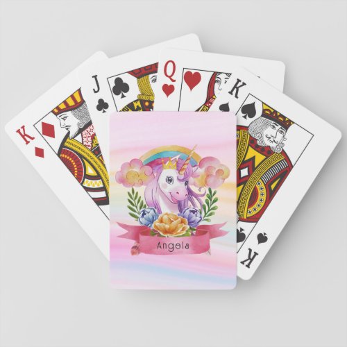 Girls Cute Purple Unicorn Rainbow Custom Name    Poker Cards