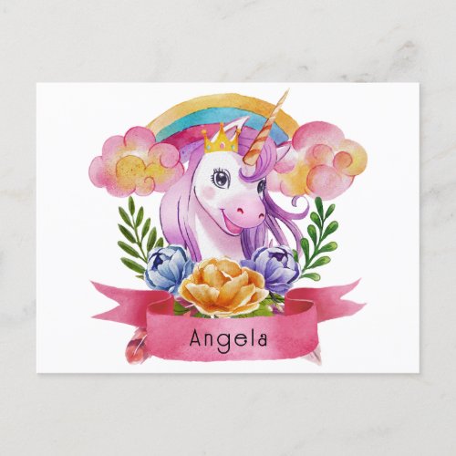 Girls Cute Purple Unicorn Rainbow Custom Name      Postcard