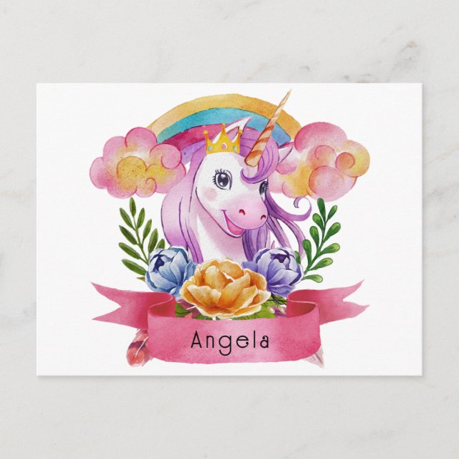 Girls Cute Purple Unicorn Rainbow Custom Name      Postcard (Front)