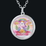 Girls Cute Purple Unicorn Rainbow Custom Name     Silver Plated Necklace<br><div class="desc">Featuring a purple unicorn with crown, rainbow, flower wreath that can be personalised with your princess name. Ideal for a birthday gift, nursery decor, kids room art, home decor, and other occasions. Easy customization of your princess name and font using the "Personalization button". You can also "Transfer design to a...</div>