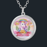 Girls Cute Purple Unicorn Rainbow Custom Name     Silver Plated Necklace<br><div class="desc">Featuring a purple unicorn with crown, rainbow, flower wreath that can be personalised with your princess name. Ideal for a birthday gift, nursery decor, kids room art, home decor, and other occasions. Easy customization of your princess name and font using the "Personalization button". You can also "Transfer design to a...</div>
