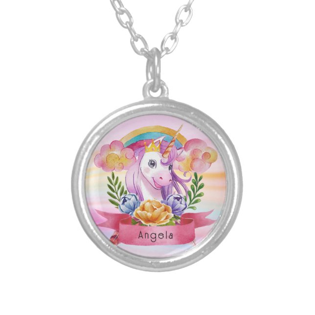 Girls Cute Purple Unicorn Rainbow Custom Name     Silver Plated Necklace (Front)