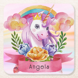 Girls Cute Purple Unicorn Rainbow Custom Name    Square Paper Coaster