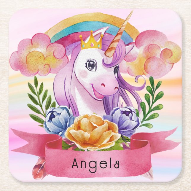 Girls Cute Purple Unicorn Rainbow Custom Name    Square Paper Coaster (Front)