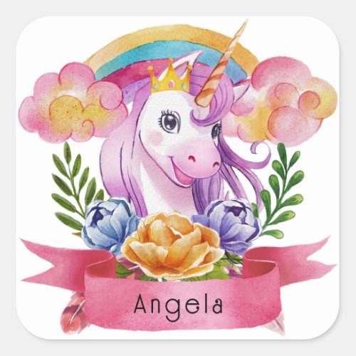 Girls Cute Purple Unicorn Rainbow Custom Name   Square Sticker