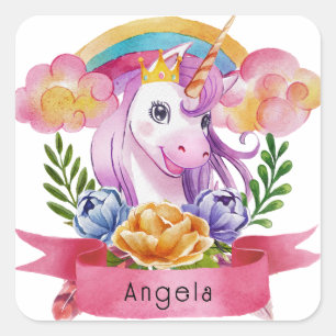 Girls Cute Purple Unicorn Rainbow Custom Name Square Sticker