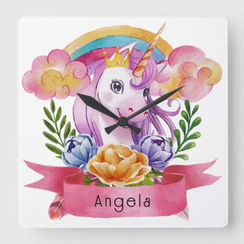 Girls Cute Purple Unicorn Rainbow Custom Name   Square Wall Clock