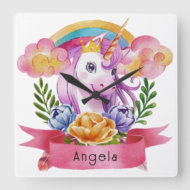 Girls Cute Purple Unicorn Rainbow Custom Name   Square Wall Clock (Front)