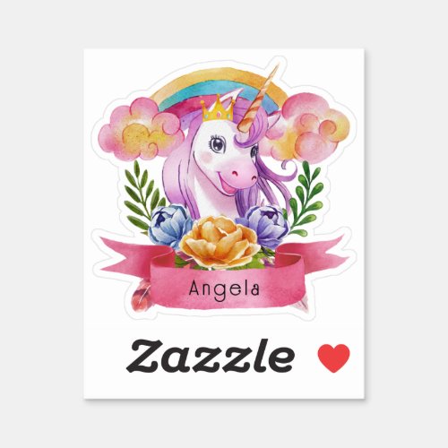 Girls Cute Purple Unicorn Rainbow Custom Name    Sticker