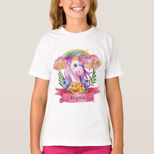 Girls Cute Purple Unicorn Rainbow Custom Name      T_Shirt