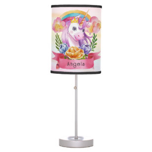 Girls Cute Purple Unicorn Rainbow Custom Name     Table Lamp