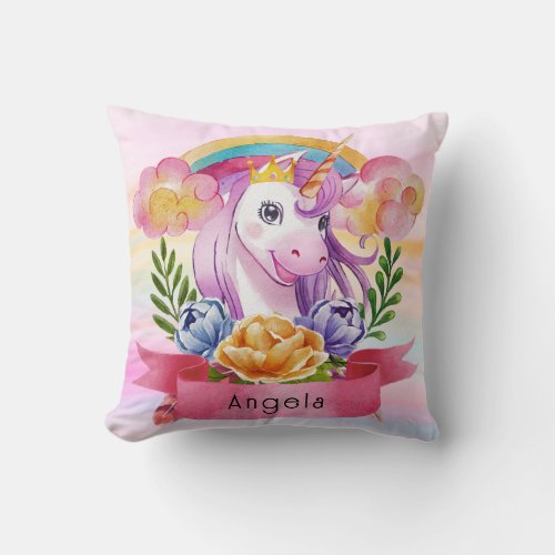 Girls Cute Purple Unicorn Rainbow Custom Name      Throw Pillow