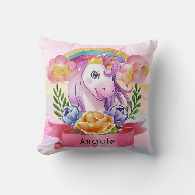 Girls Cute Purple Unicorn Rainbow Custom Name      Throw Pillow (Front)