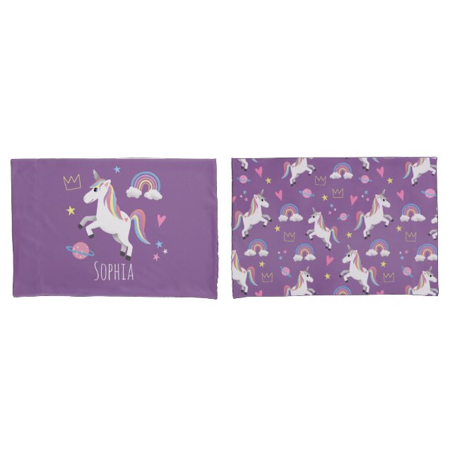 Girls Cute Purple Unicorn Rainbow & Name Kids Pillow Case (Front-Set)