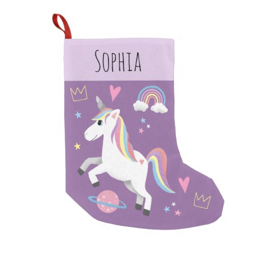 Girls Cute Purple Unicorn Rainbow  Name Kids Small Christmas Stocking