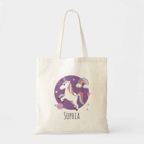 Girls Cute Purple Unicorn Rainbow  Name Kids Tote Bag