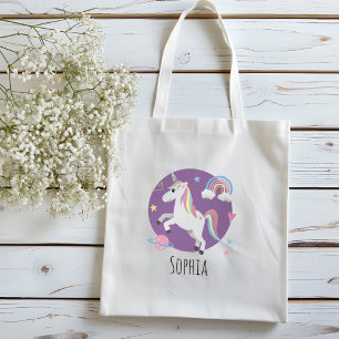 Girls Cute Purple Unicorn Rainbow & Name Kids Tote Bag